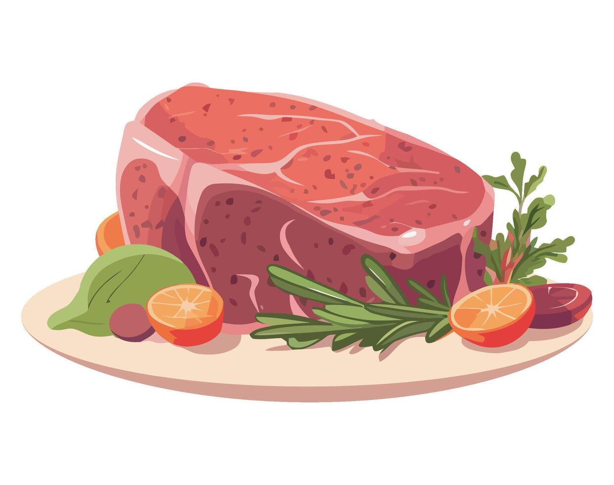 Raw beef steak with vegetables and herbs on a plate vector