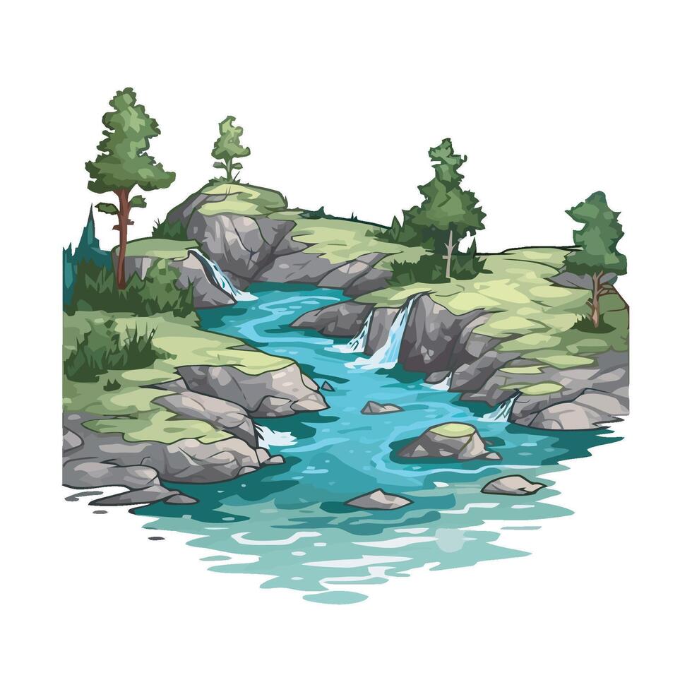 A cartoon river with trees and rocks vector