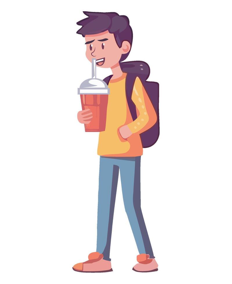 A man with a backpack and a drink in his hand vector
