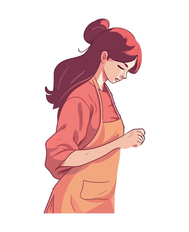 A woman in an apron is looking down at her phone vector