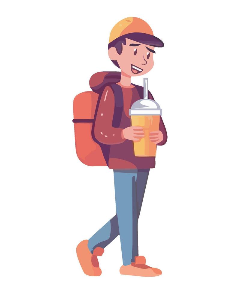 A man with a backpack and a drink vector