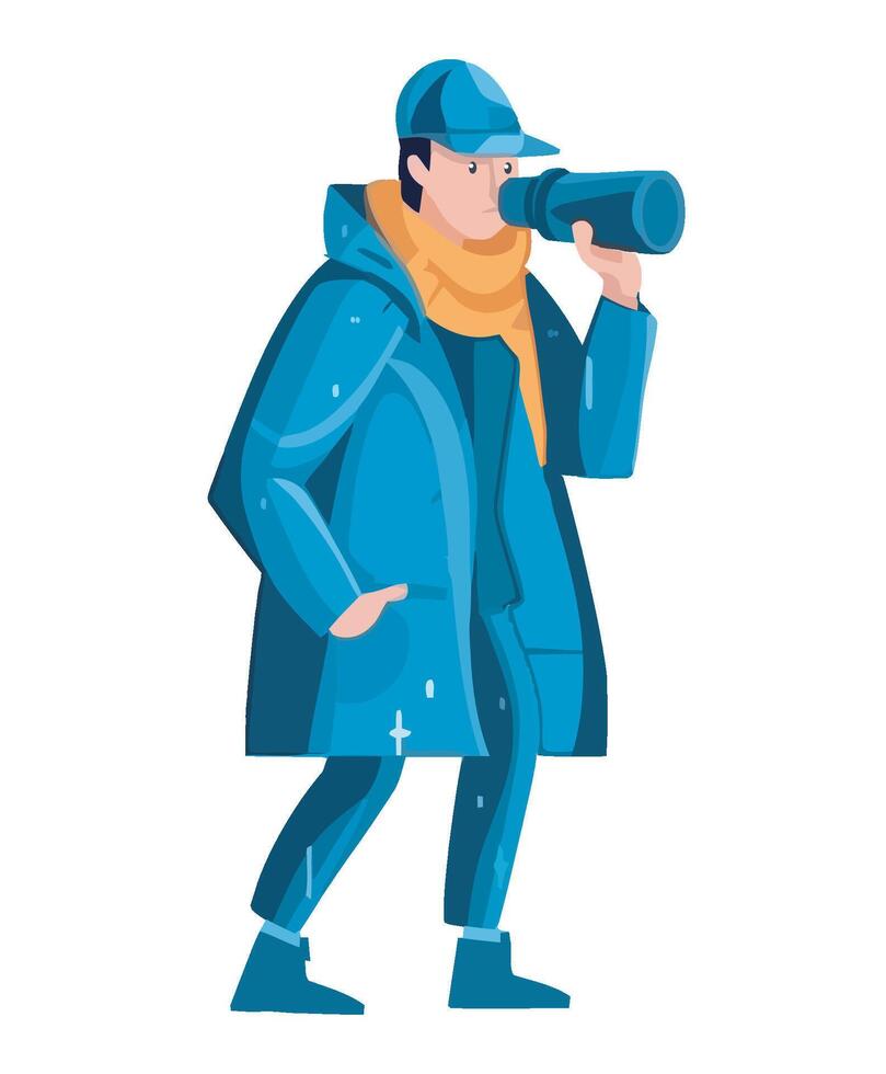 Man in blue coat and hat looking through binoculars illustration vector