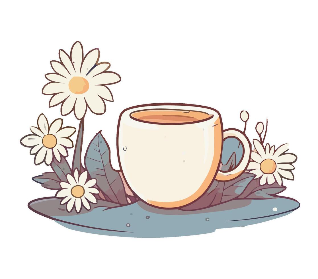 A cup of tea with daisies on the ground vector