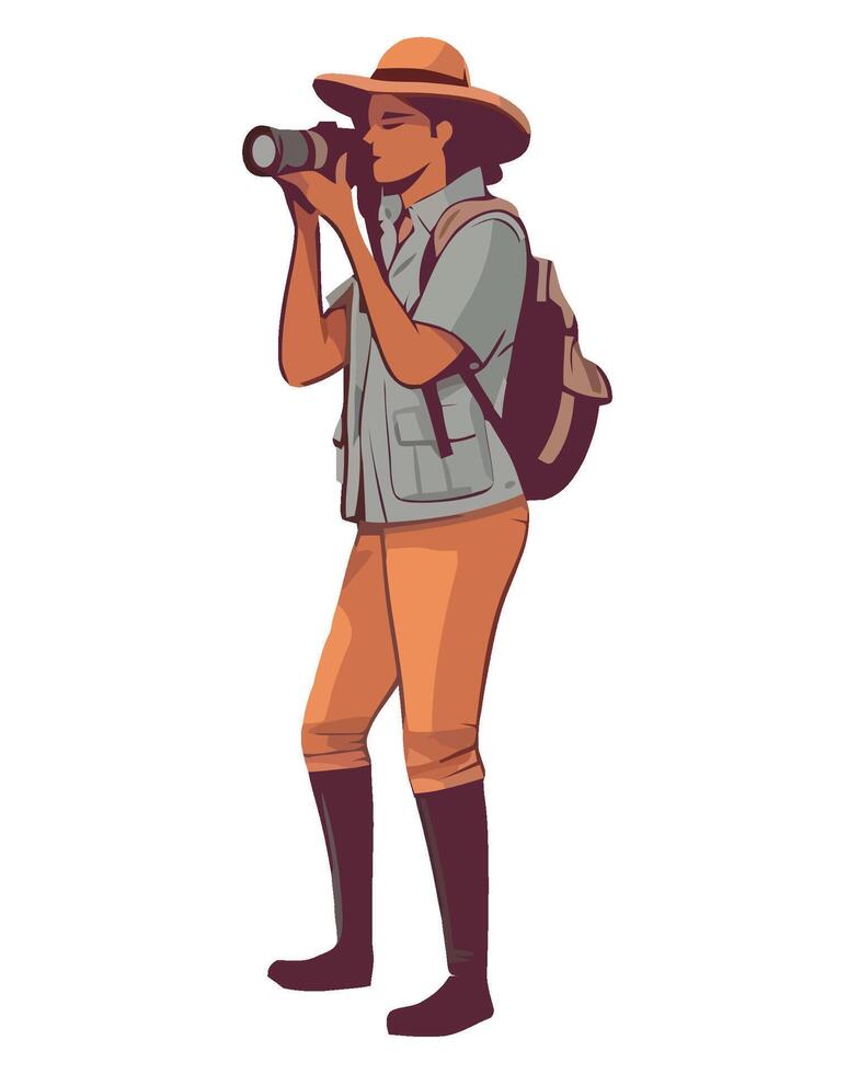 A woman in a hat and backpack is looking through a telescope vector