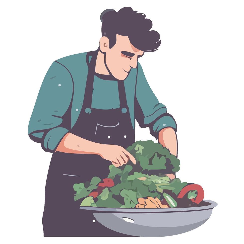 A man is preparing vegetables in a bowl vector