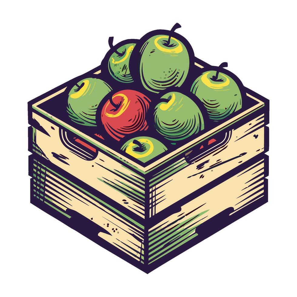 A wooden box with apples in it vector