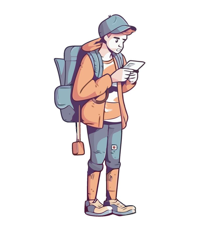 A cartoon boy with a backpack and a phone vector