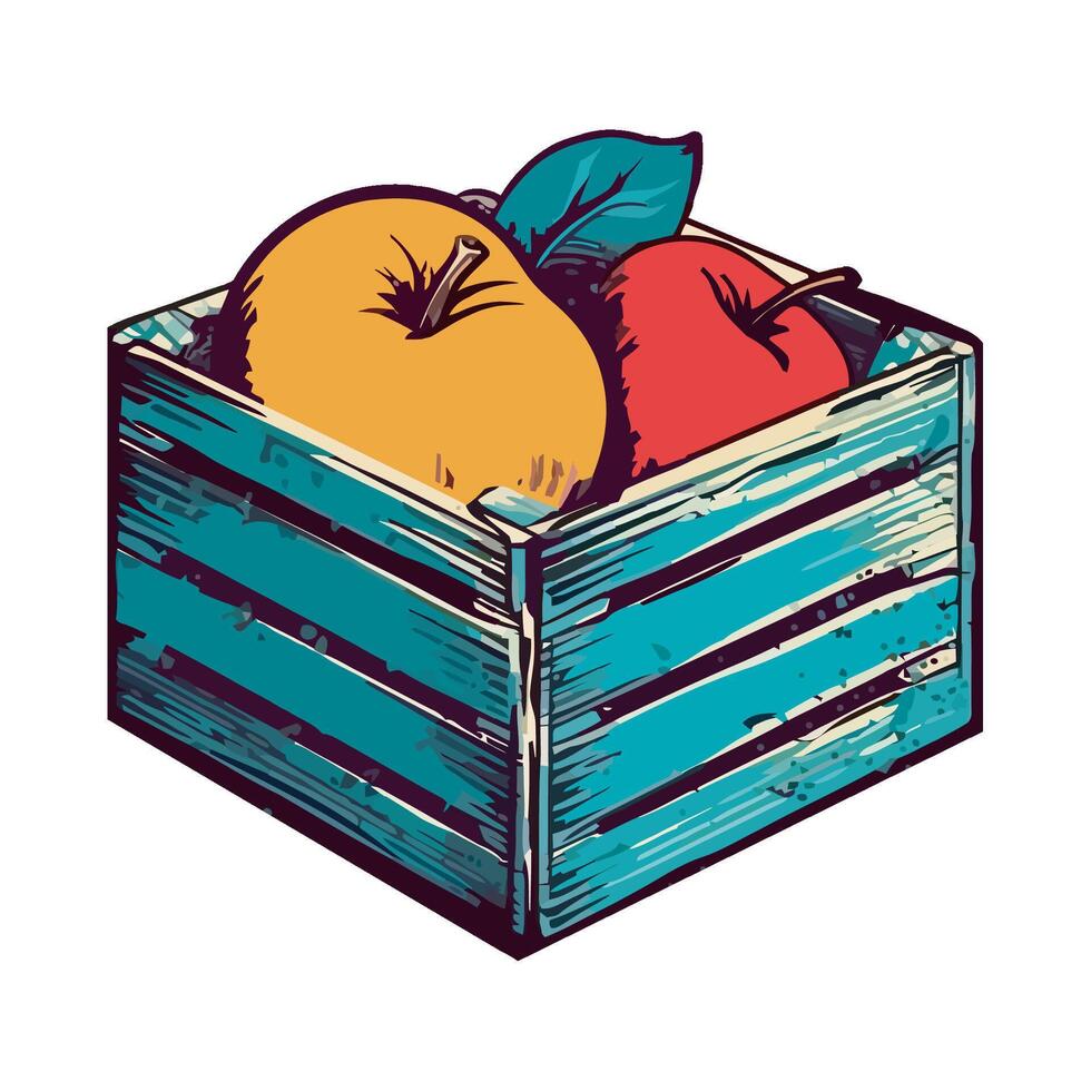 A wooden crate with apples and a leaf vector