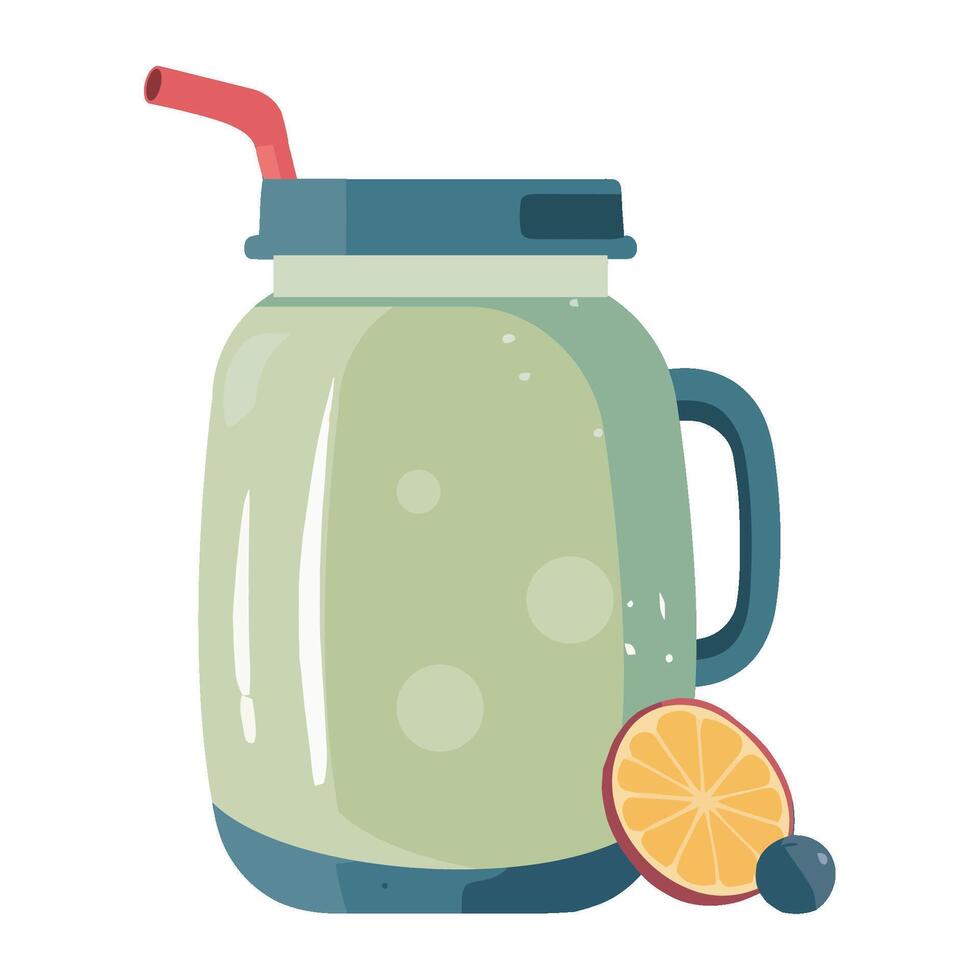 A jar of green smoothie with a straw and a slice of lemon vector