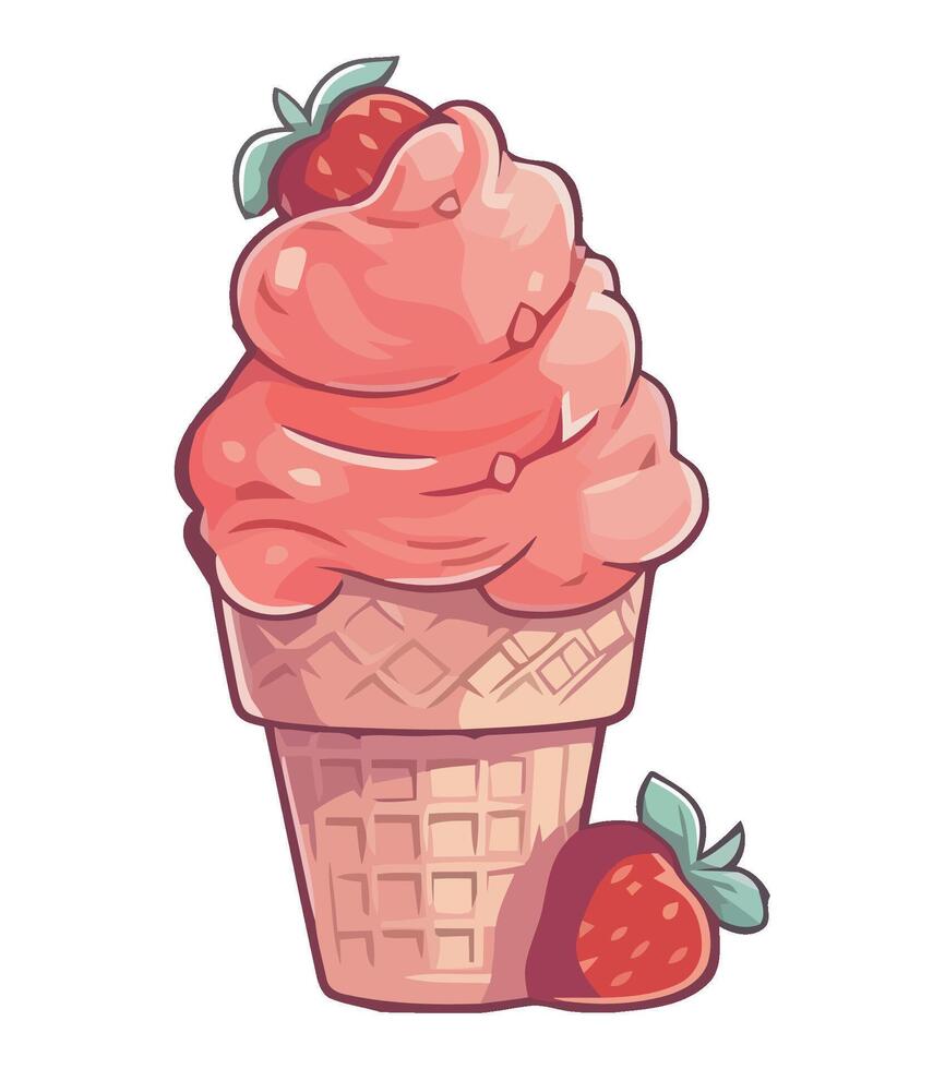 Ice cream with strawberry and ice cream cone illustration vector