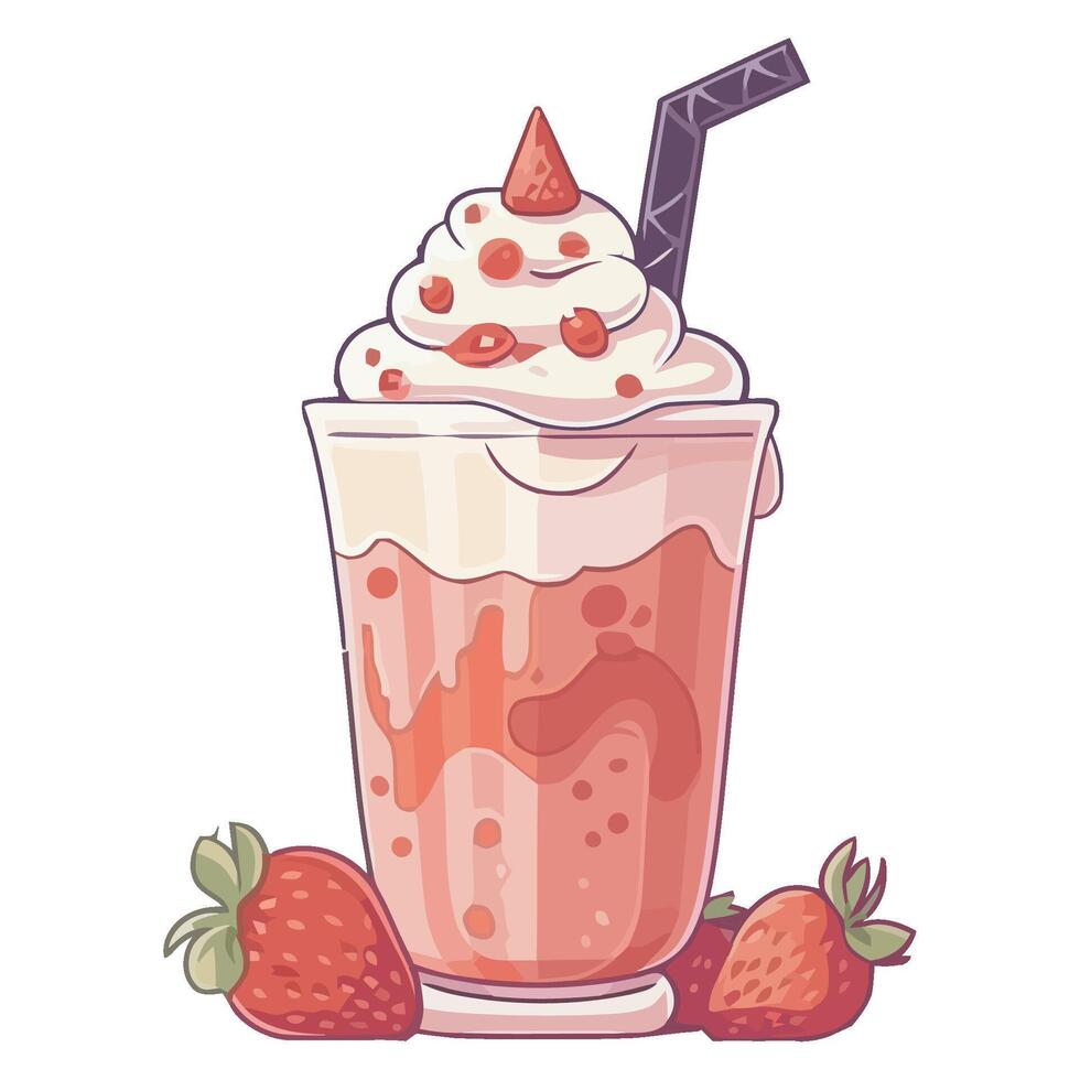 Strawberry milkshake with whipped cream and strawberries vector