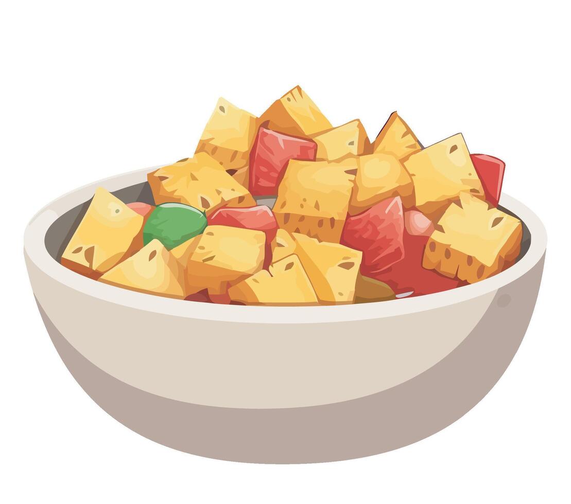 A bowl of cheese and watermelon slices in a white bowl vector