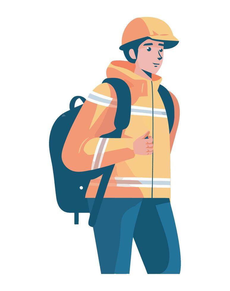 A man in a yellow jacket and helmet is carrying a backpack vector