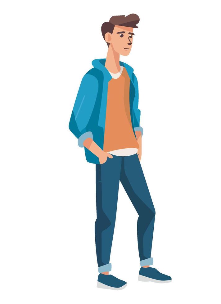 Young man in jeans and jacket standing with hands in pockets vector