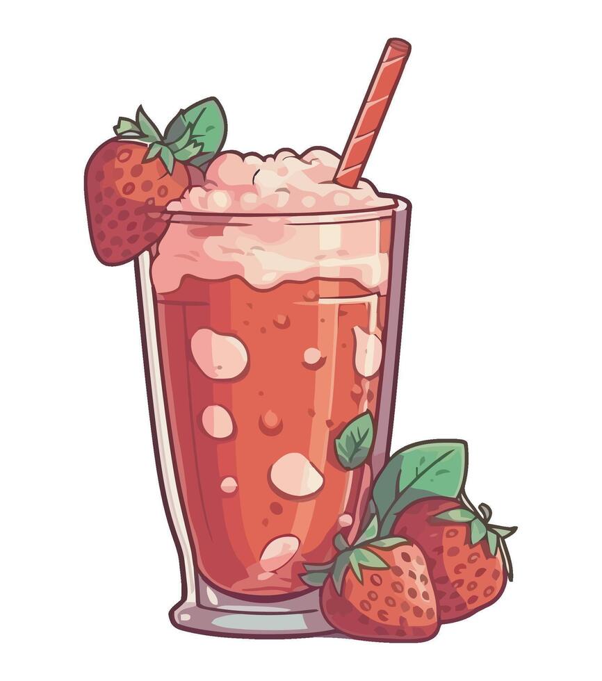Strawberry milkshake with strawberry and mint leaves illustration vector