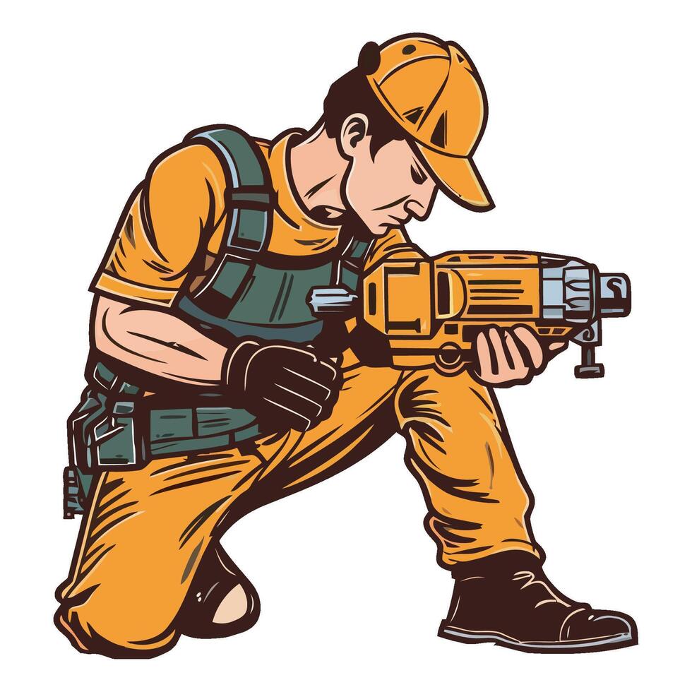 A construction worker holding a drill vector