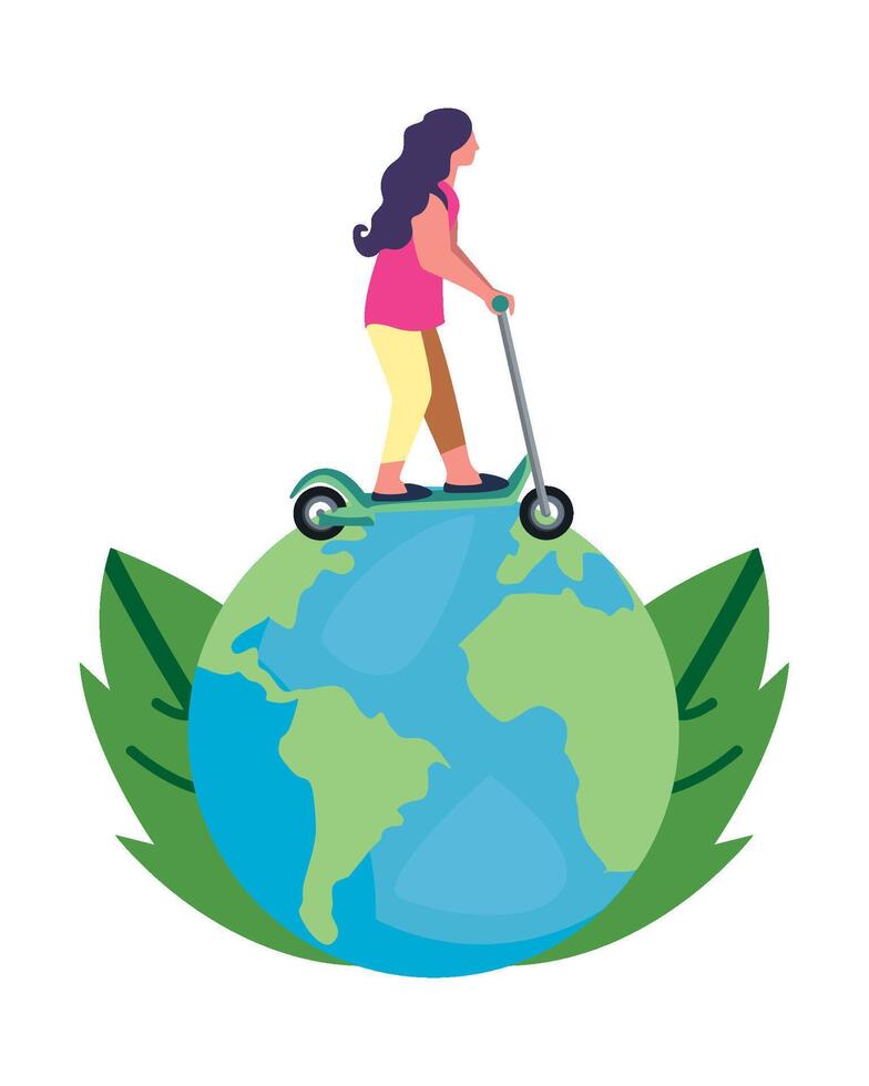 A woman riding on a scooter on top of a globe vector