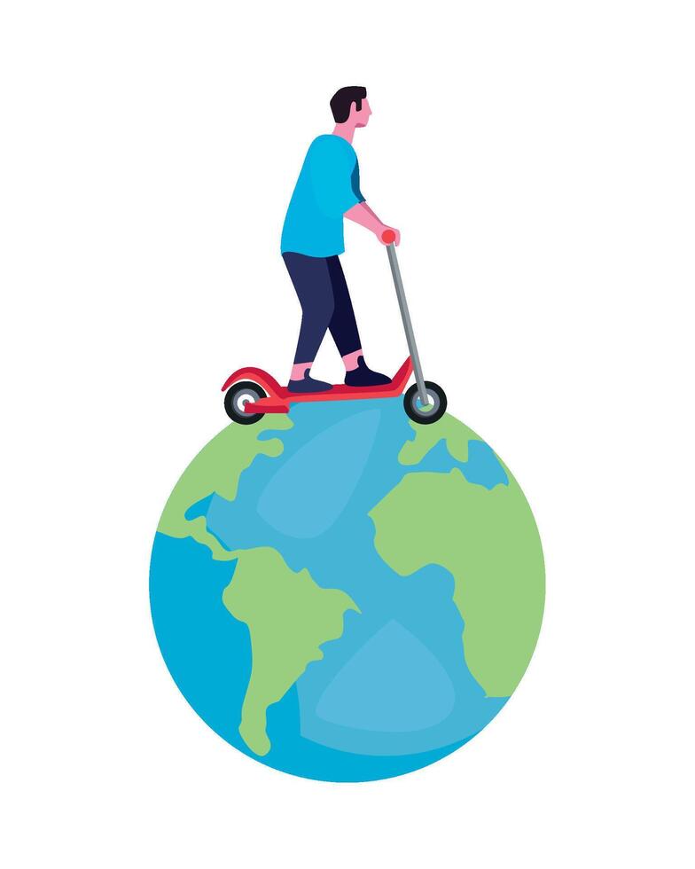 A man on a scooter is riding on top of the globe vector