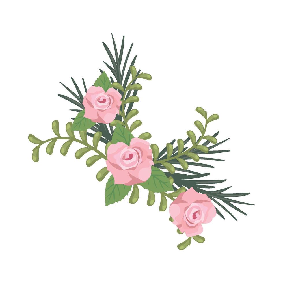 Pink roses and green leaves on a white background vector