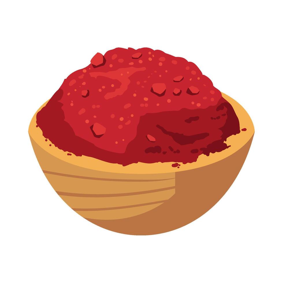 A bowl of red sauce in a wooden bowl vector
