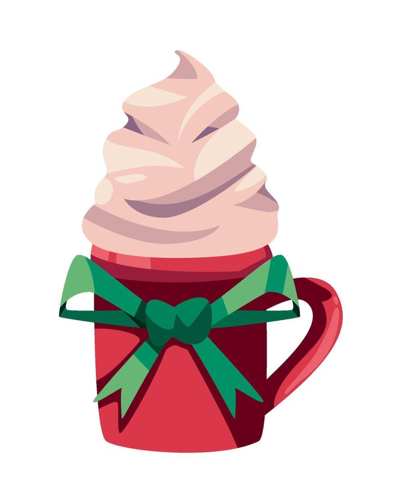 Hot chocolate with whipped cream and green bow illustration vector