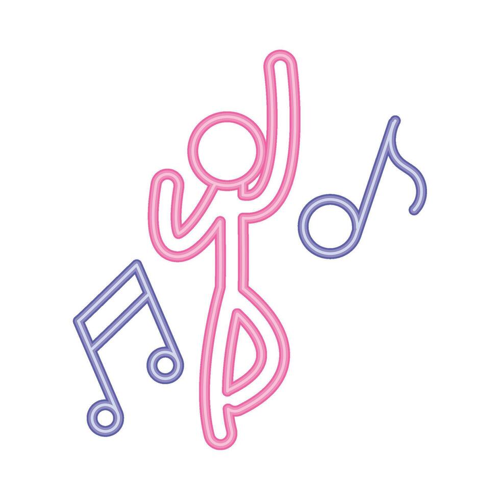 A pink and blue icon of a person dancing with music notes vector