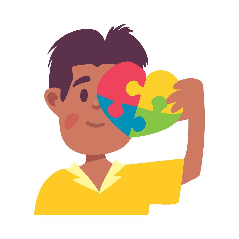 A boy holding up a puzzle piece with a heart vector