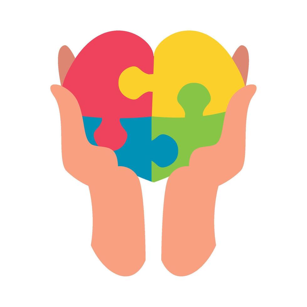 Two hands holding a puzzle piece in the shape of a heart vector