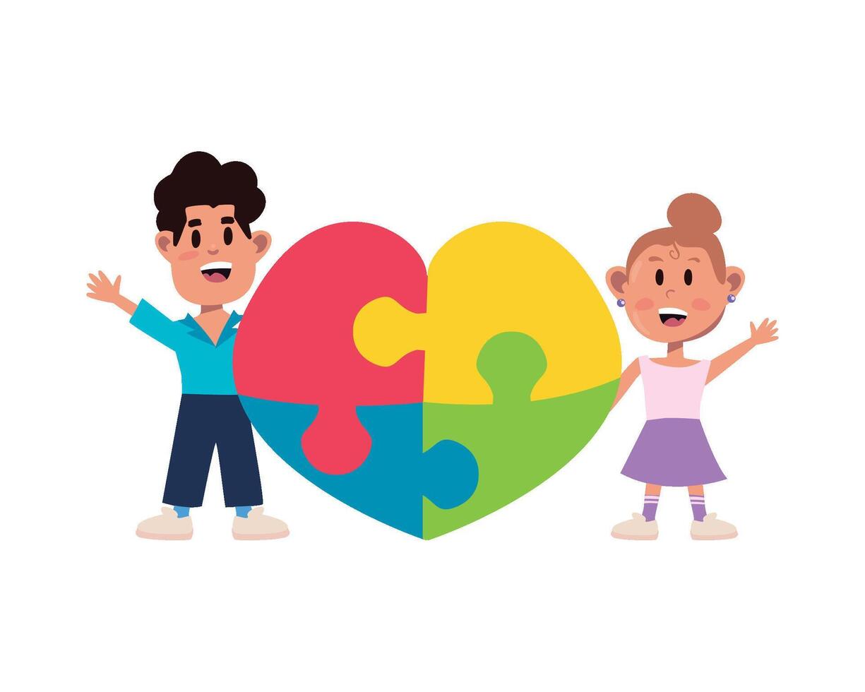 Two children holding puzzle pieces in front of a heart vector