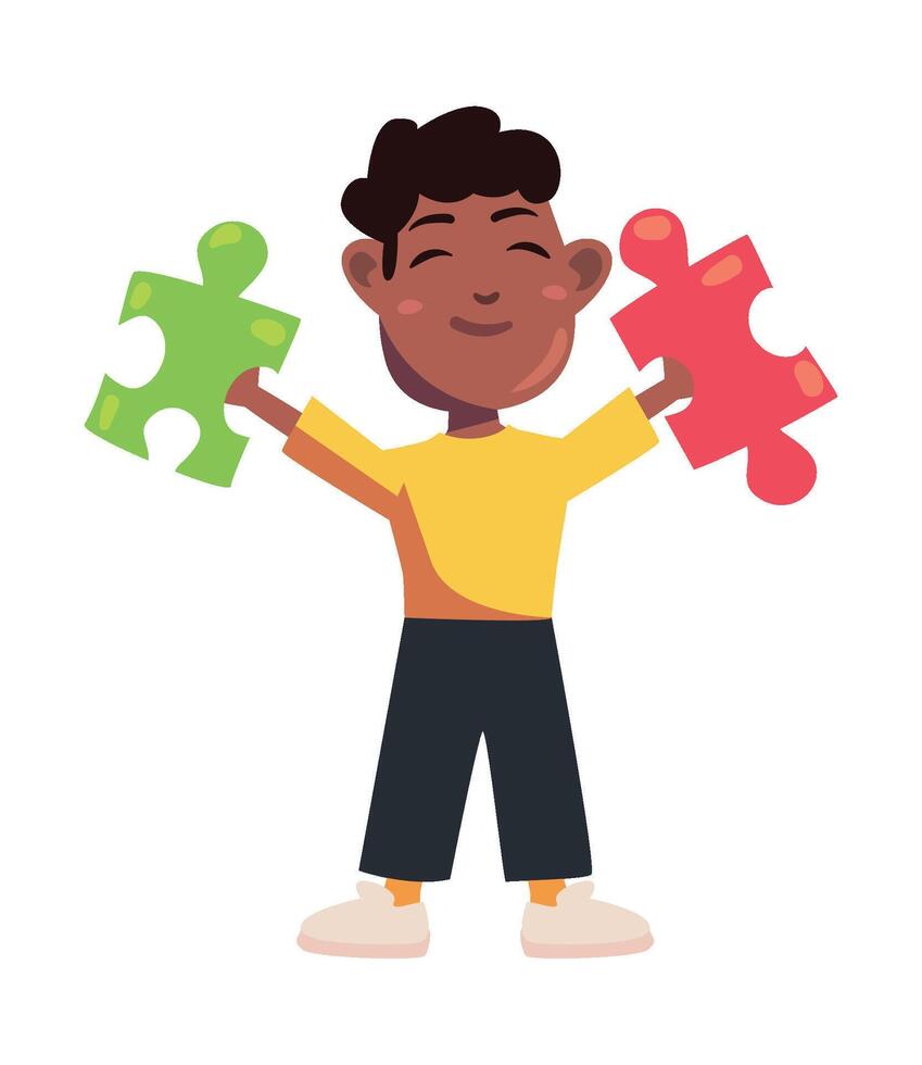 A boy holding two puzzle pieces in his hands vector