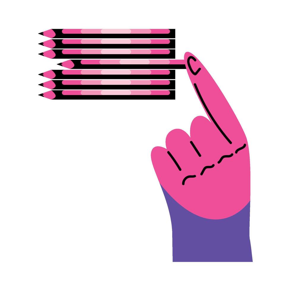 A pink hand holding a pencil with a pink finger vector