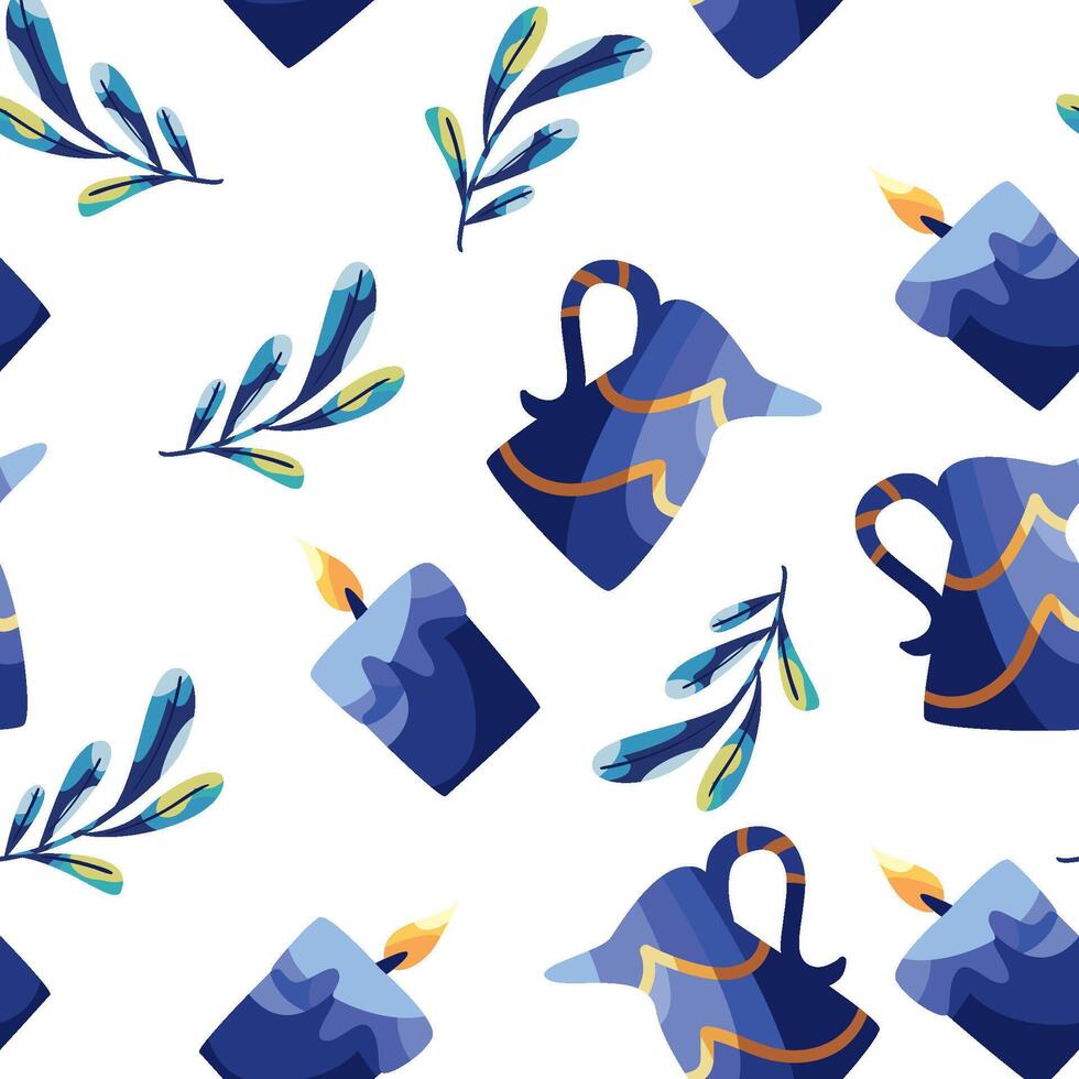 A blue and gold pattern with candles and leaves vector