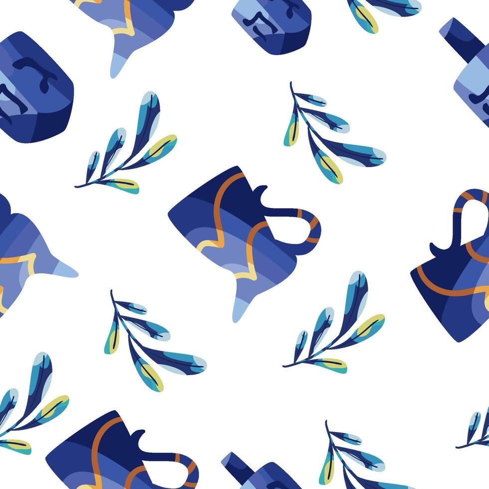 A blue and yellow pattern with a bottle and a leaf vector
