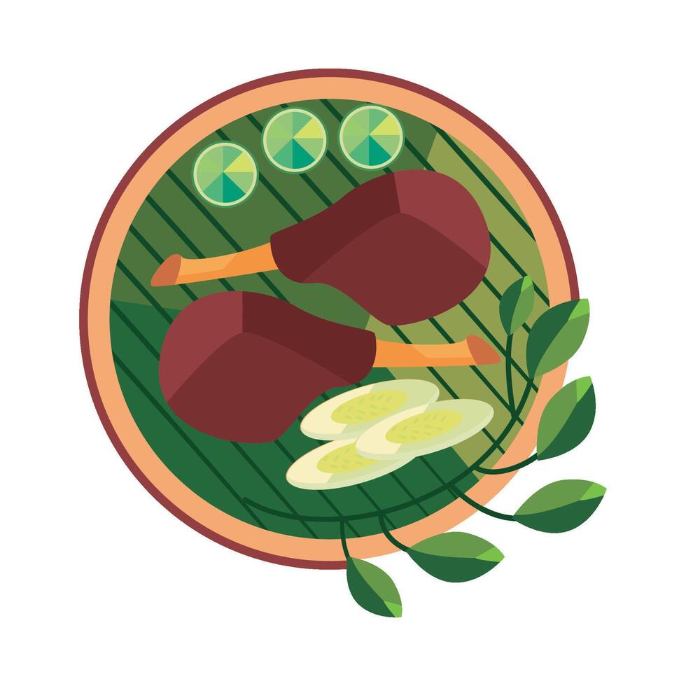 A plate with meat and vegetables on it vector
