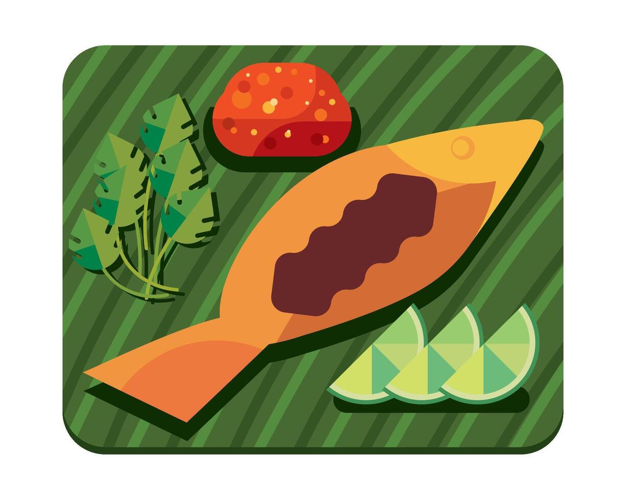 A fish and some vegetables on a green plate vector