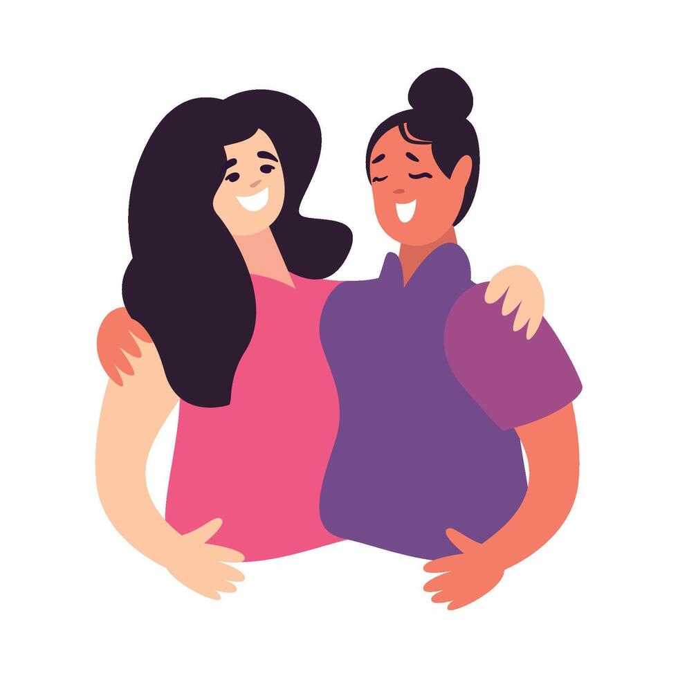 Two women hugging each other, one is wearing a purple shirt vector