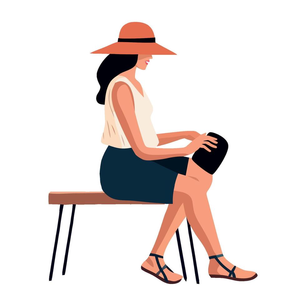 Woman sitting on bench with hat illustration vector