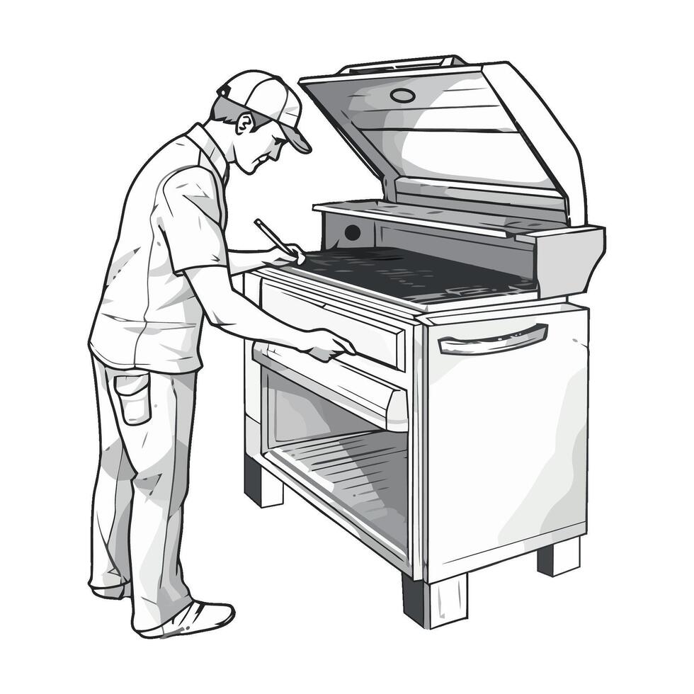 A man is standing next to a grill and opening the door vector