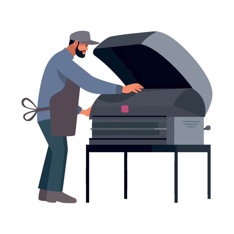 A man in apron and hat is cooking on a grill vector
