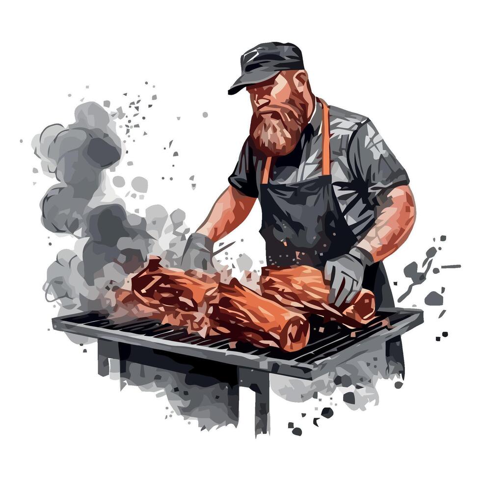 Bearded man grilling meat on the grill vector