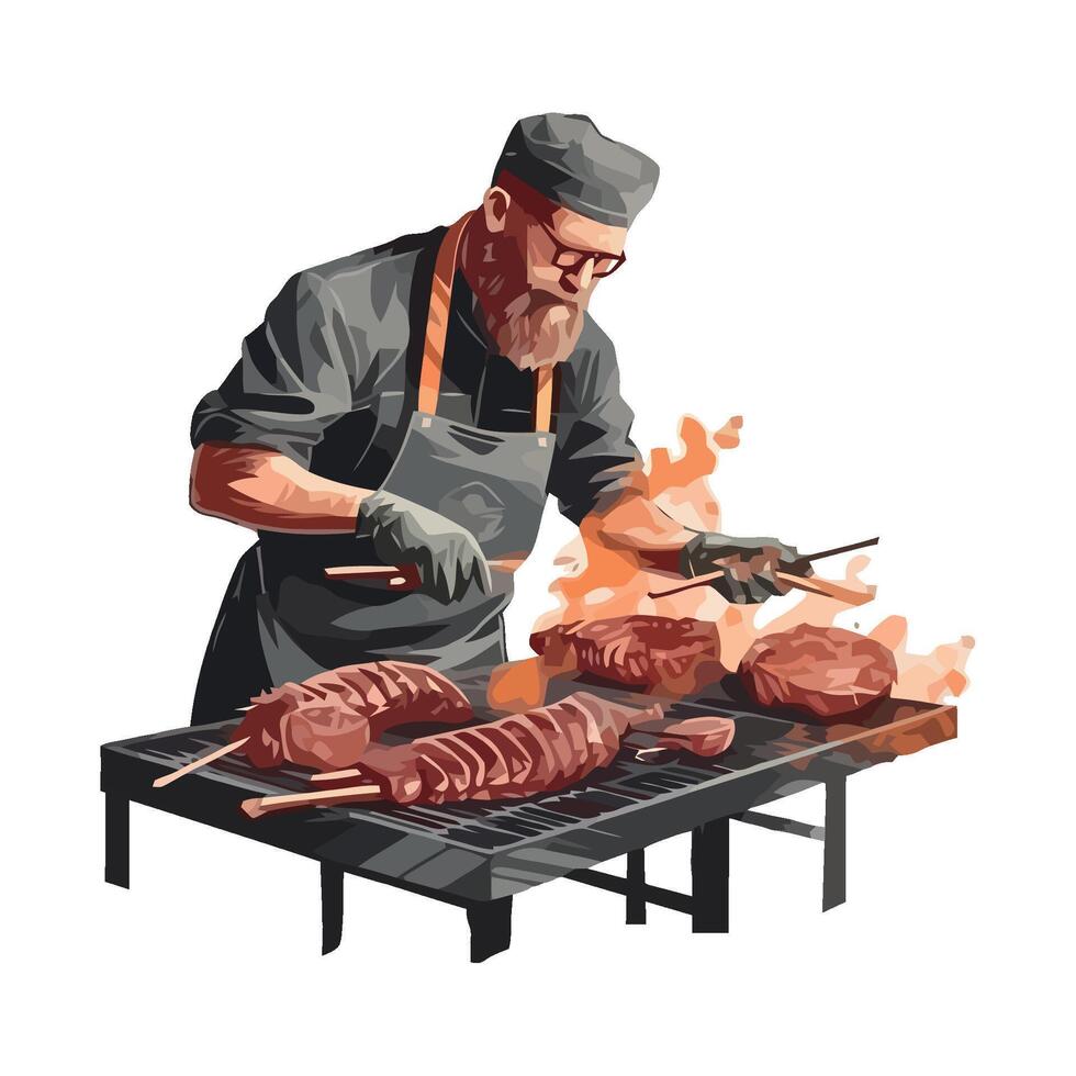 A man with a beard and glasses is grilling meat on a grill vector