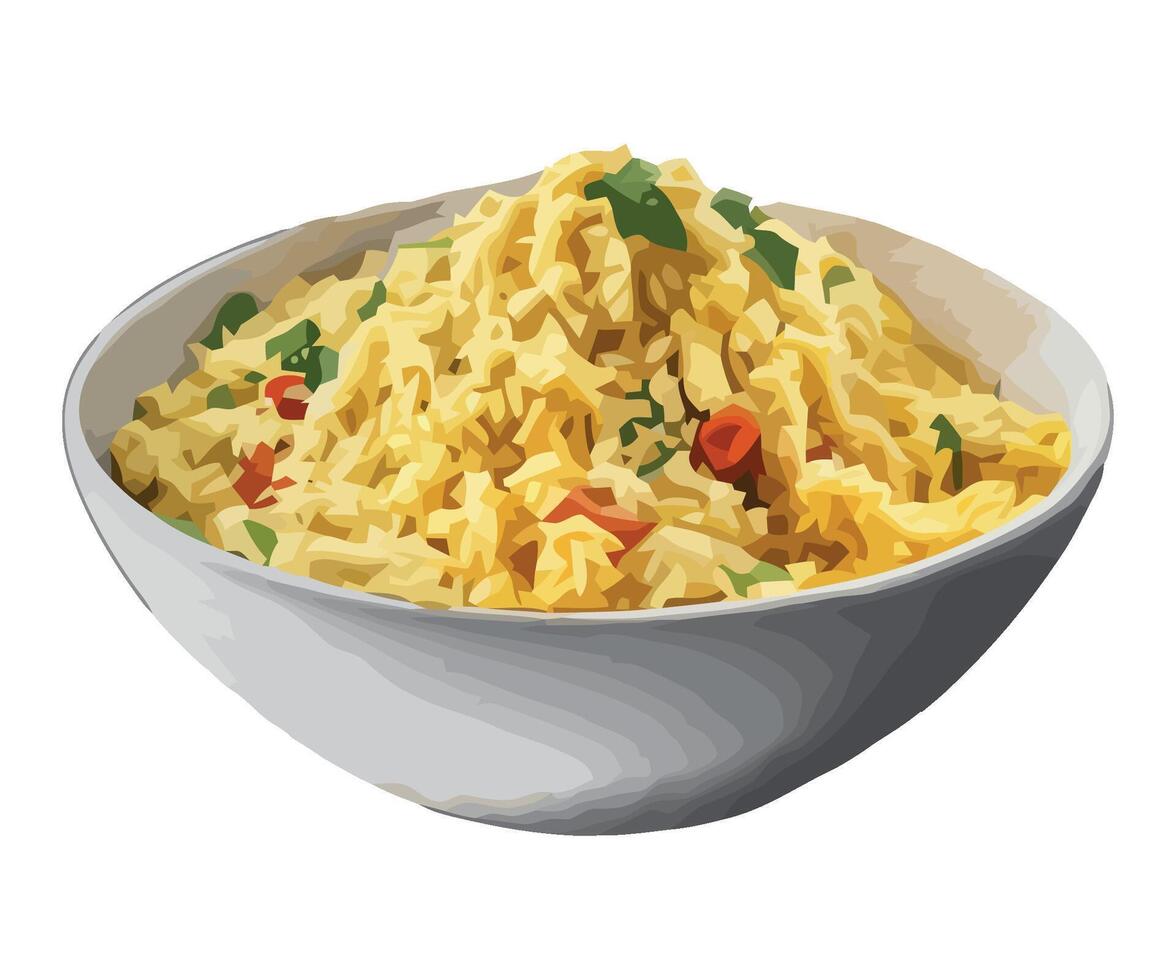 A bowl of rice with vegetables and herbs vector