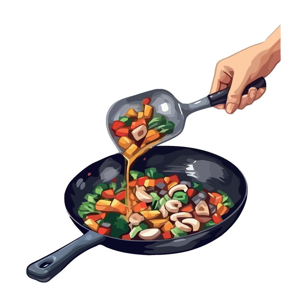 A person is stirring food into a pan with a spoon vector