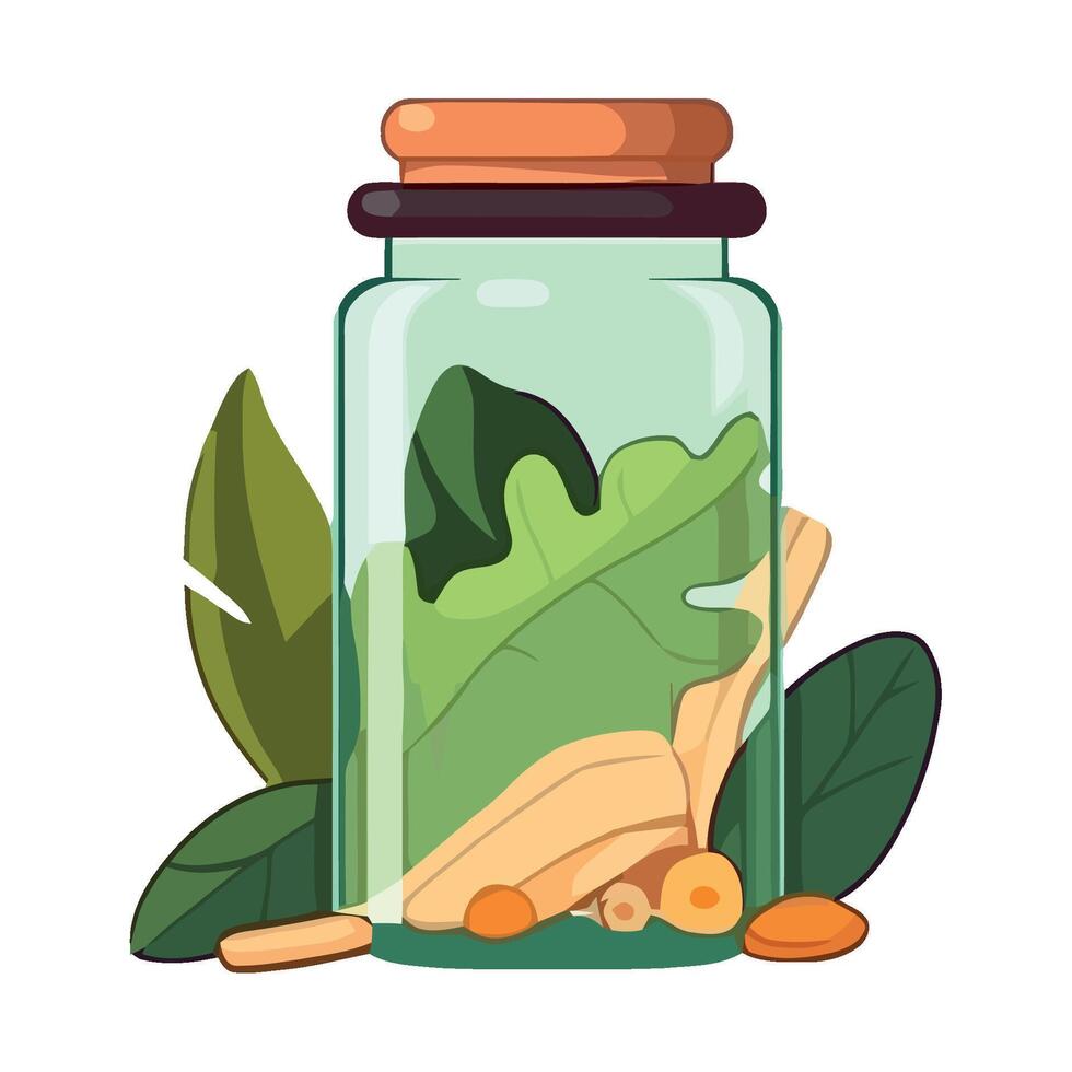 A glass jar with leaves and nuts inside vector