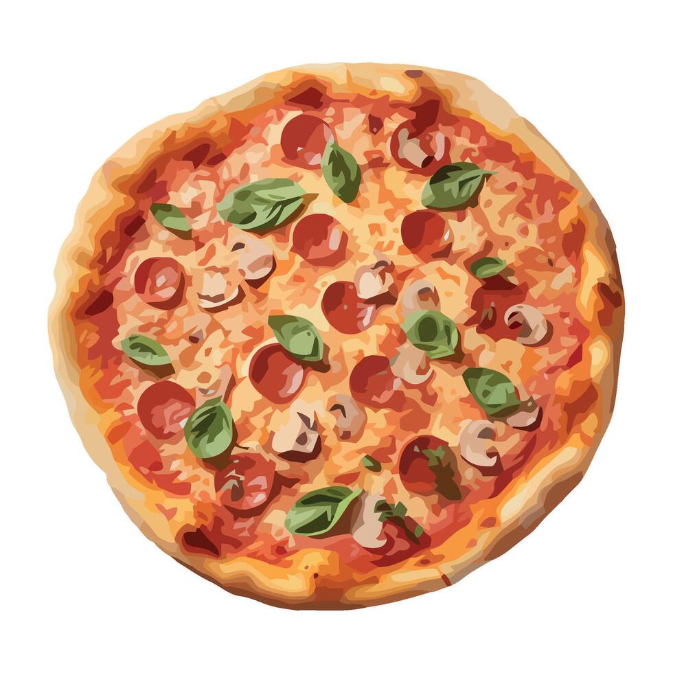 A pizza with pepperoni, mushrooms and basil leaves vector