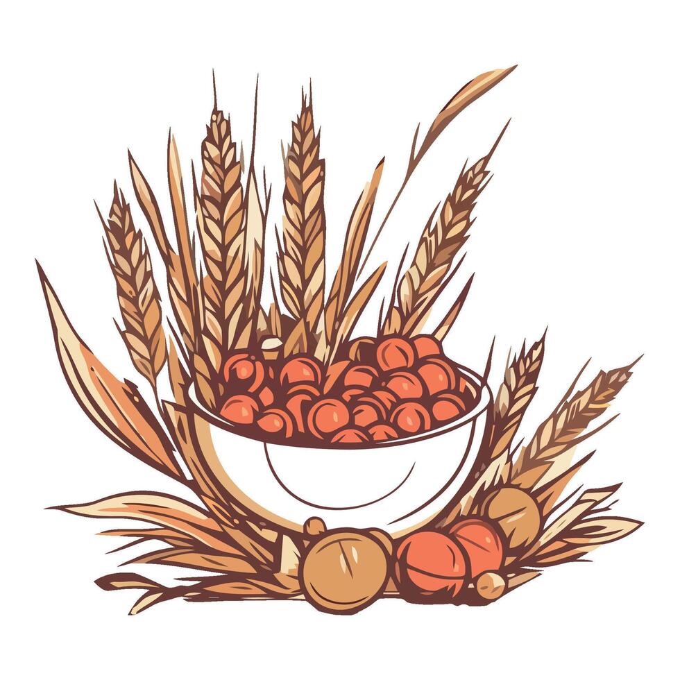 A bowl full of acorns and wheat on a white background vector