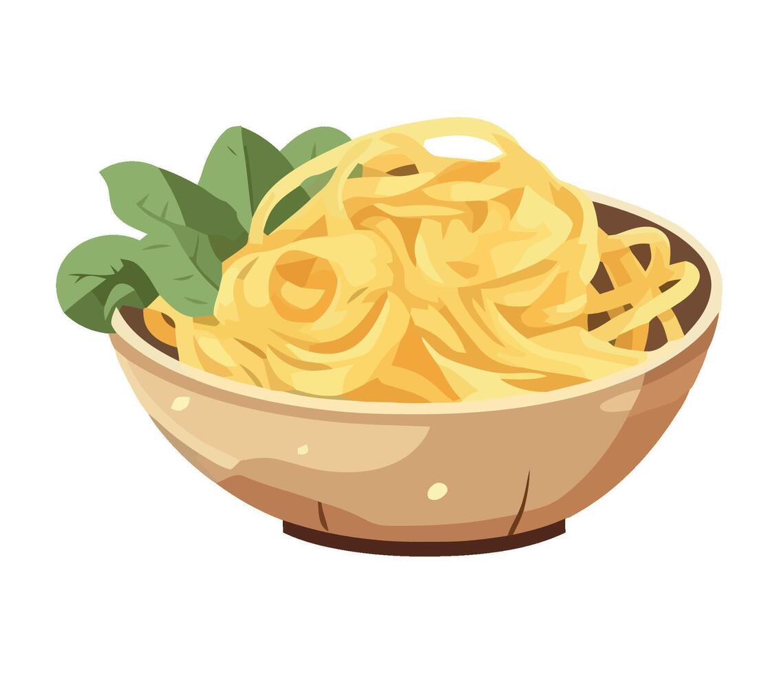 Pasta in bowl with spinach illustration on white background vector