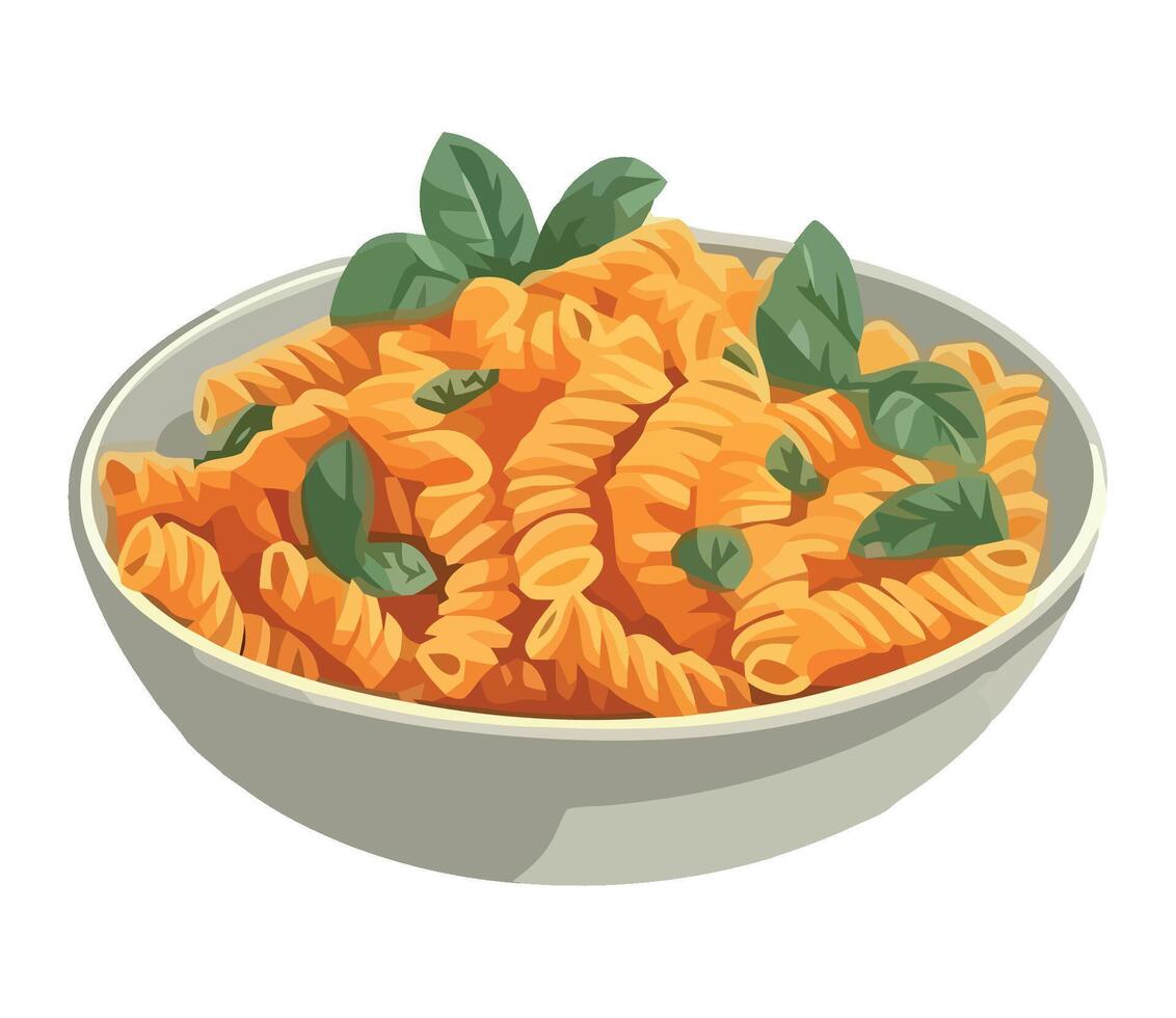 Pasta with basil leaves in a bowl illustration vector