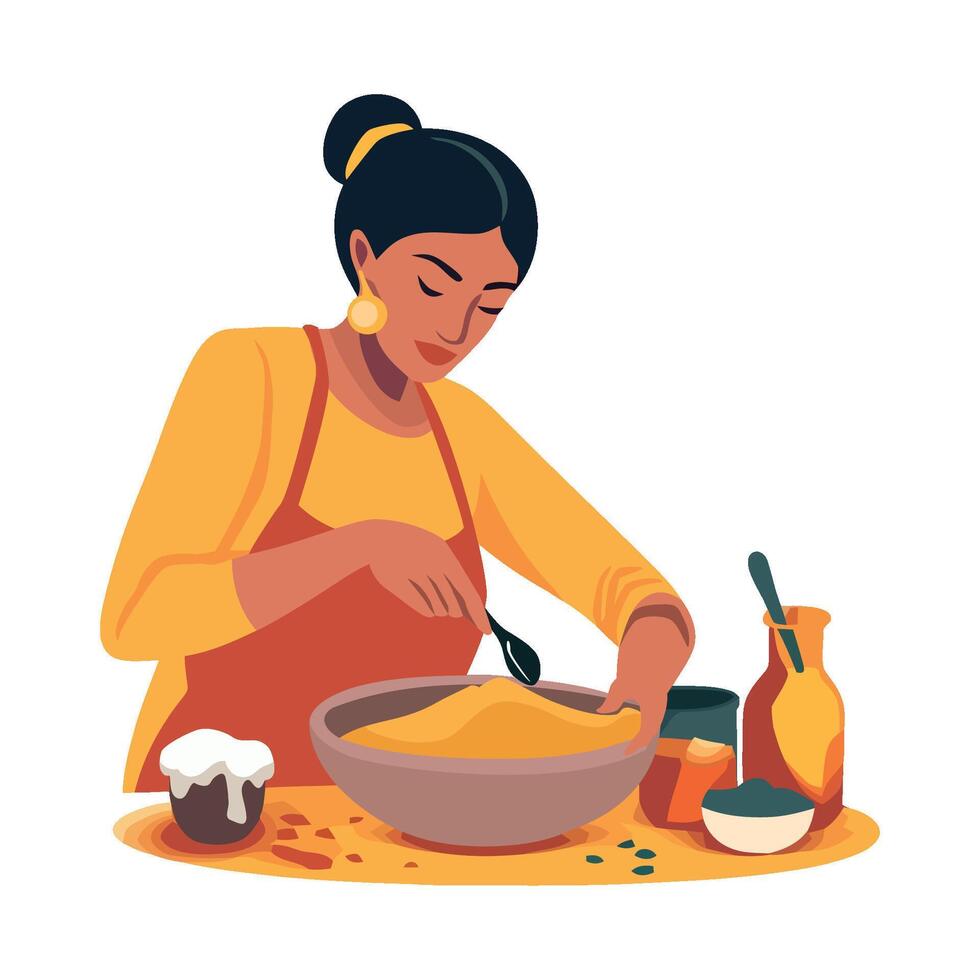 A woman is cooking food in a bowl vector