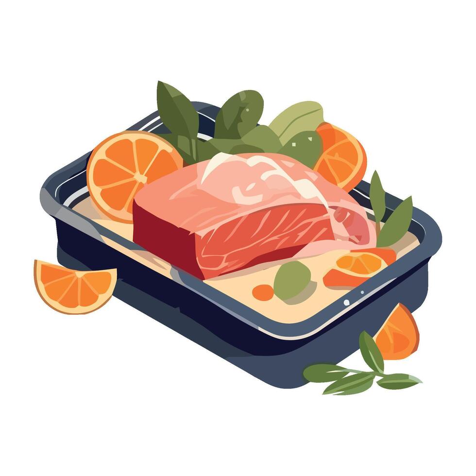 Meat in a container with oranges and herbs vector